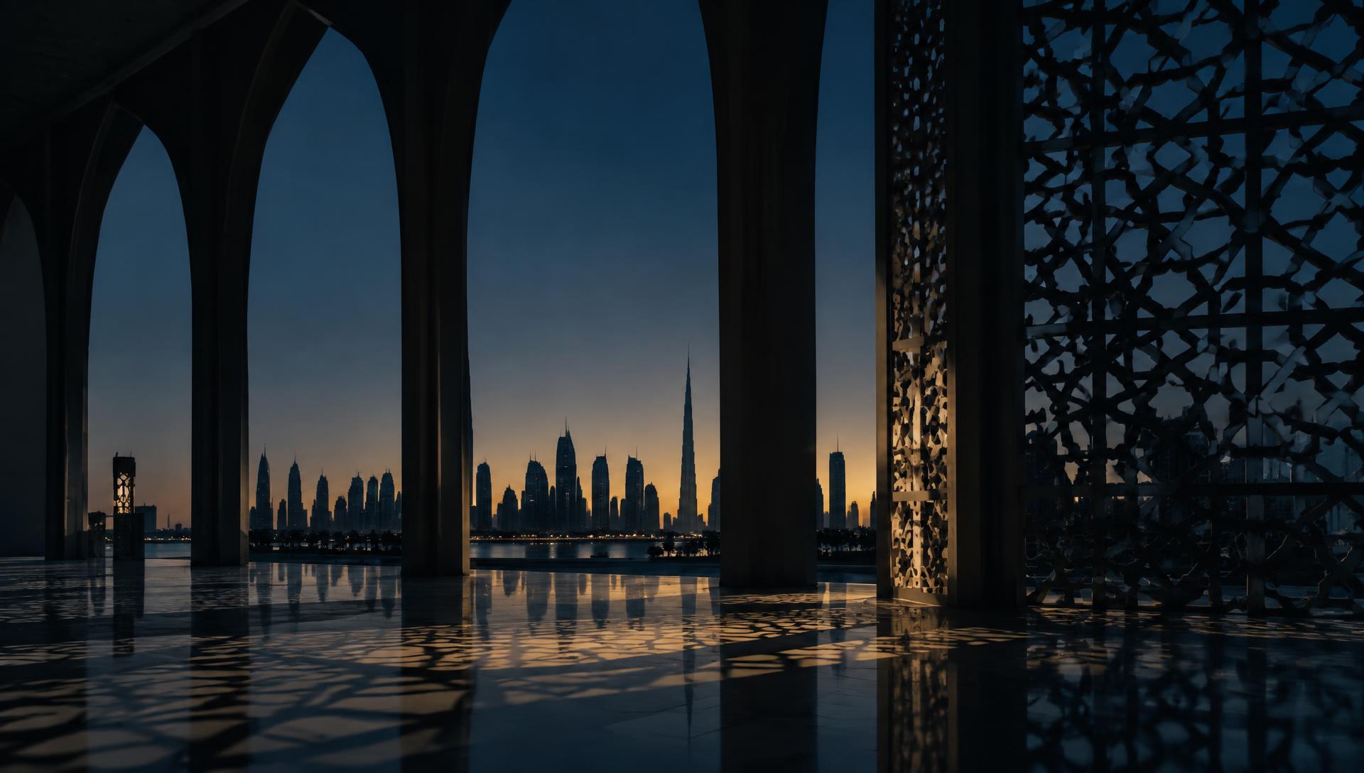 Gulf skyline seen through arches at dusk